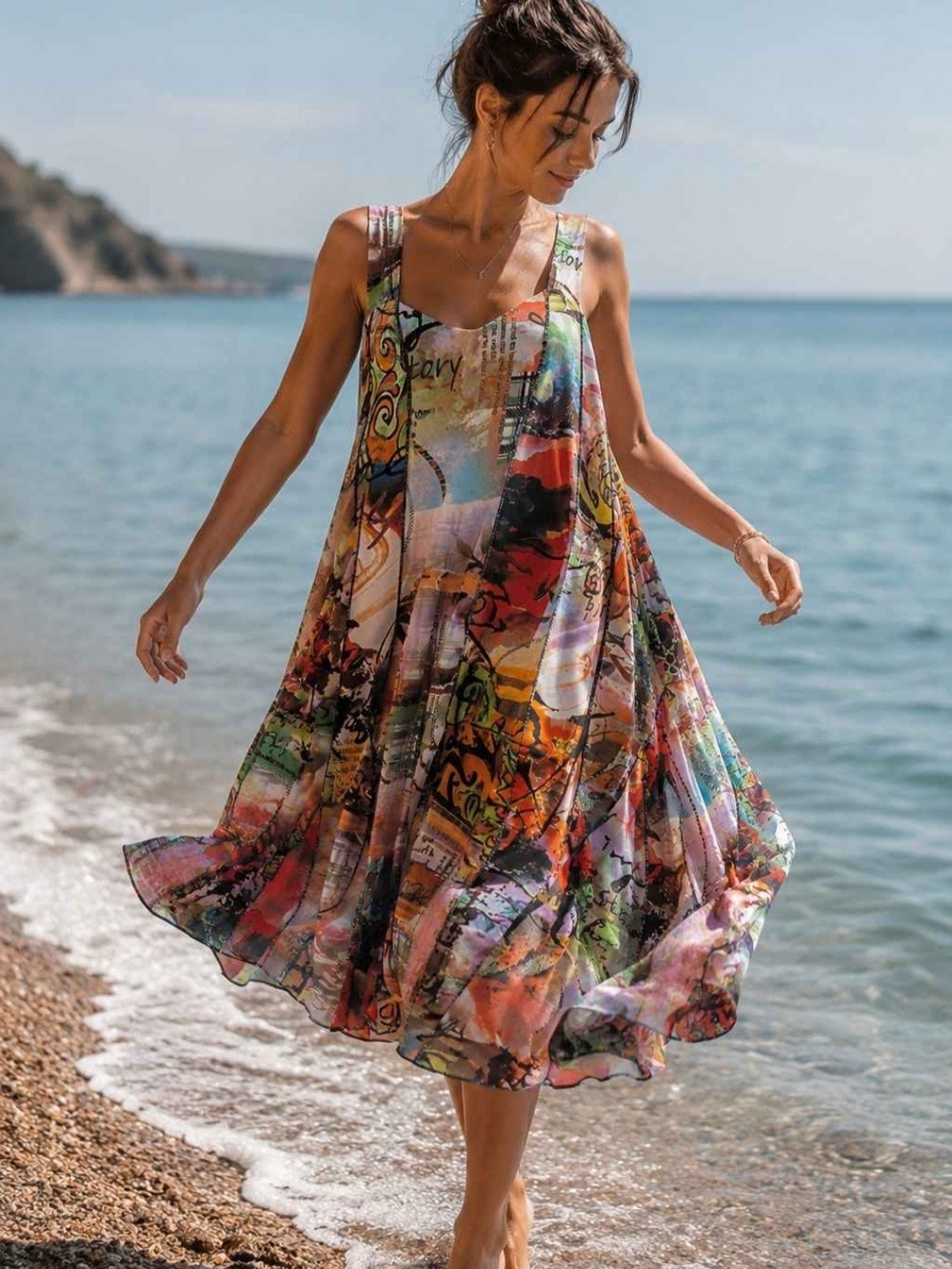 VINTAGE CLIENTELE ABSTRACT ART PRINT FLARED MIDI SUNDRESS SIZE L